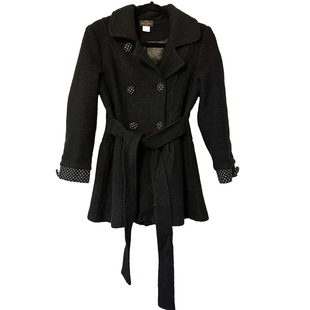 Love Culture Women's Jacket Small Misses Coat Black button Tie Waist Wool Blend